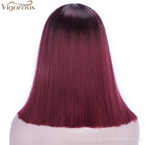 Vigorous 14 inches Short Straight Bob Wig 2 Tone Ombre Red Middle Part Heat Resistant Synthetic Cosplay Daily Use For Women